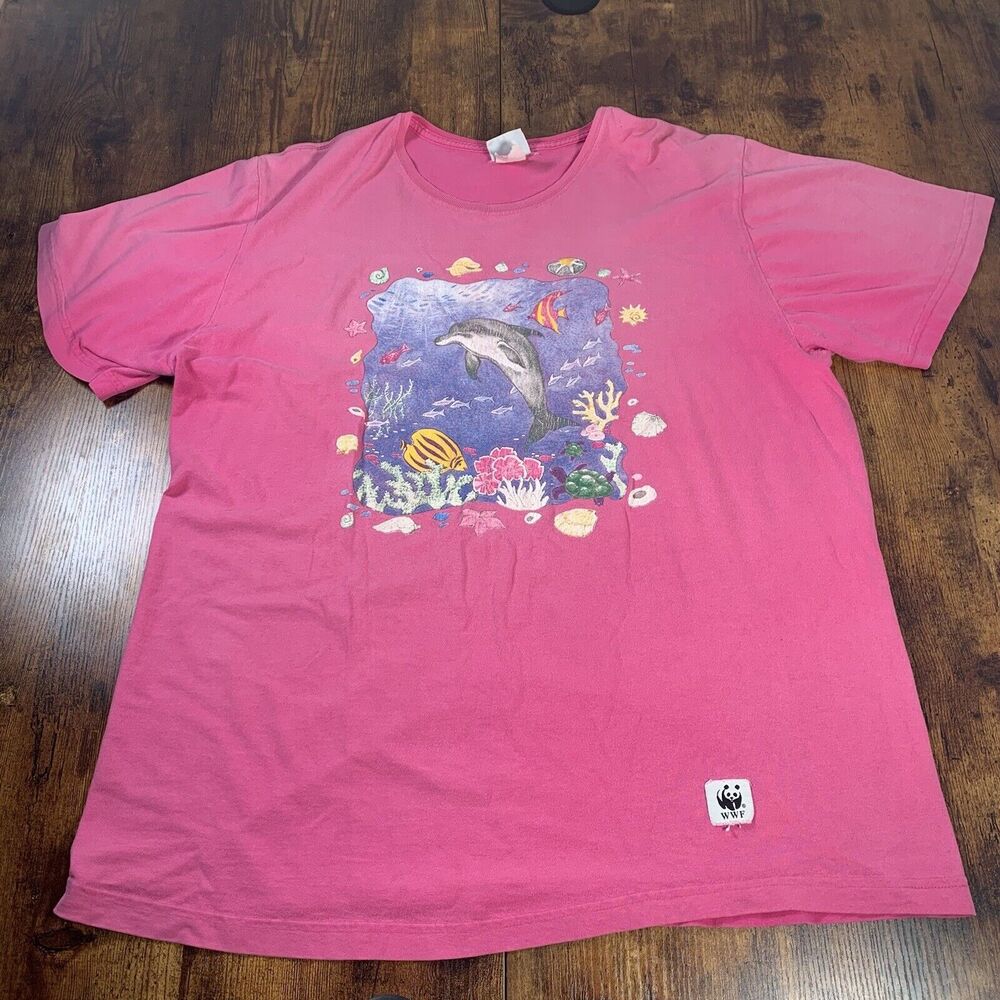 Vintage Dolphins Art Tee Shirt XL Protect Our Planet World Wildlife Fund Nature